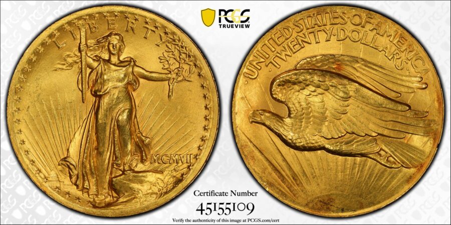 1907 $20 St. Gaudens Gold $20 Double Eagle, Wire Edge, PCGS MS64