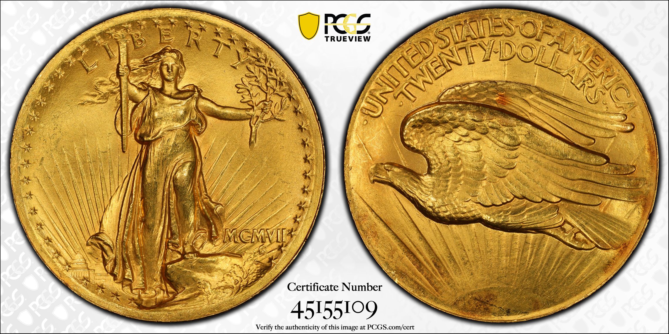 1907 St. Gaudens High Relief $20 Gold Double Eagle, Wire Edge, PCGS MS64