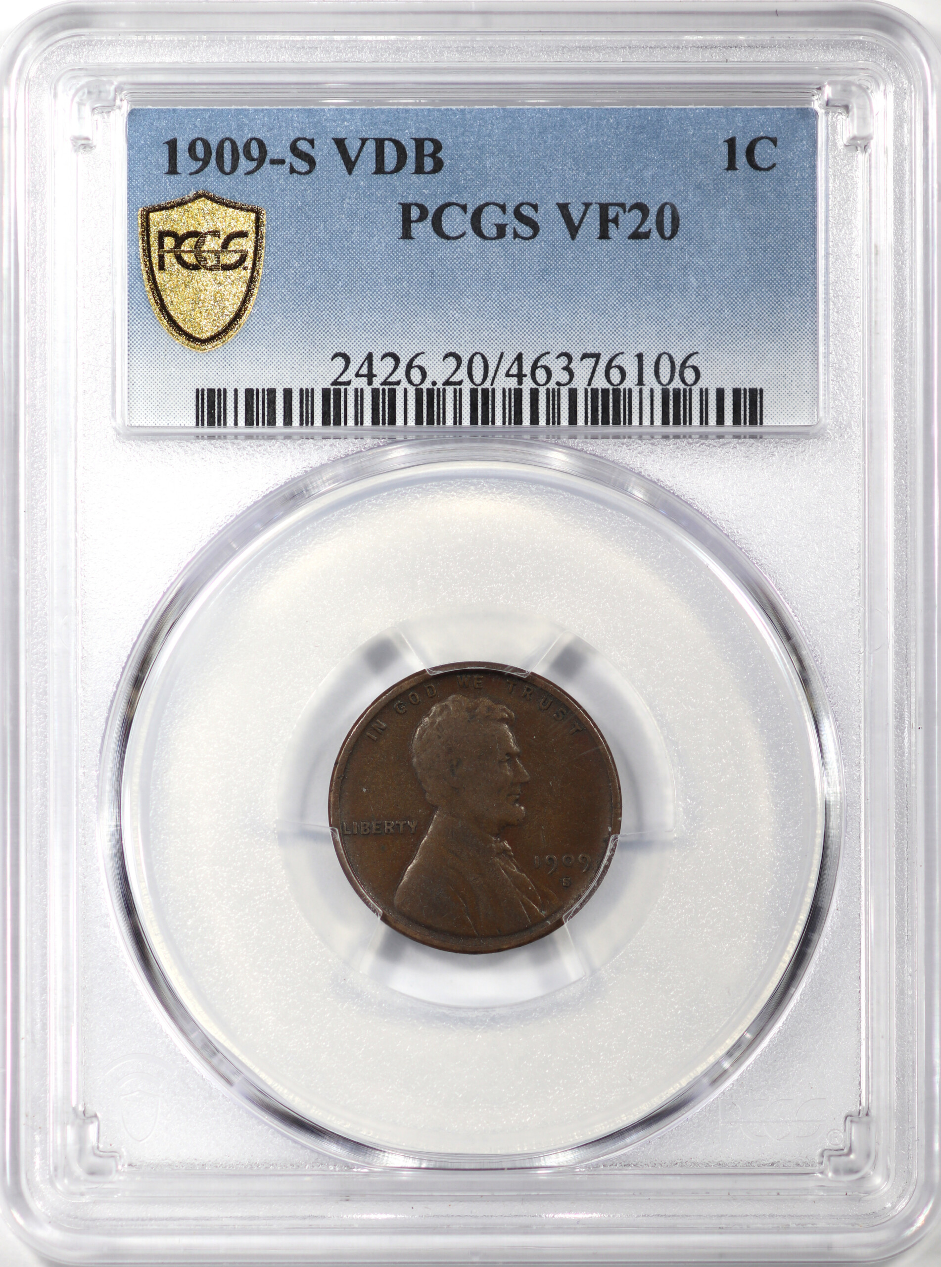 1909-S VDB Lincoln Wheat Cent, PCGS VF20, Obverse