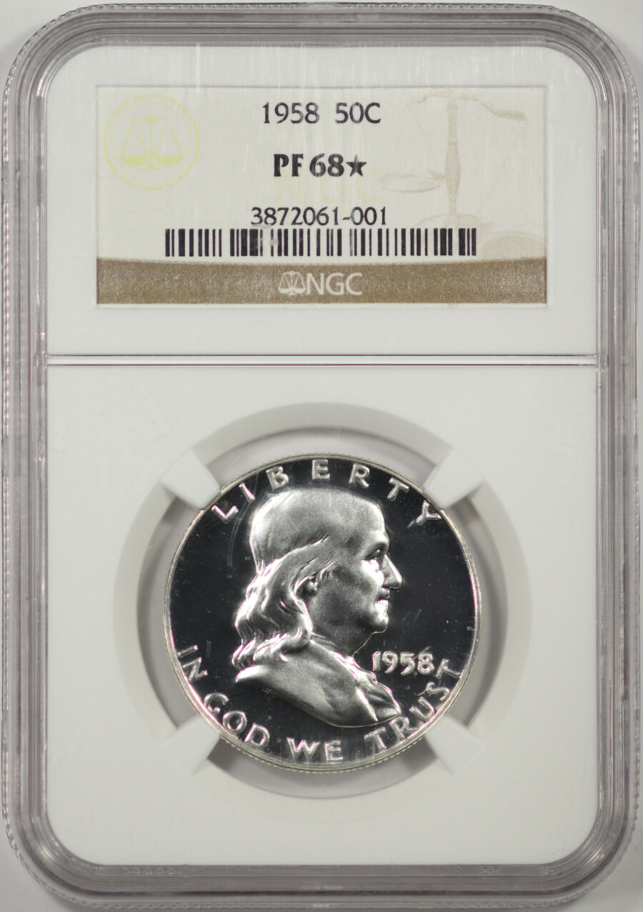 1958 Franklin Half Dollar Proof, NGC PF 68★, Obverse, significant scratches on case