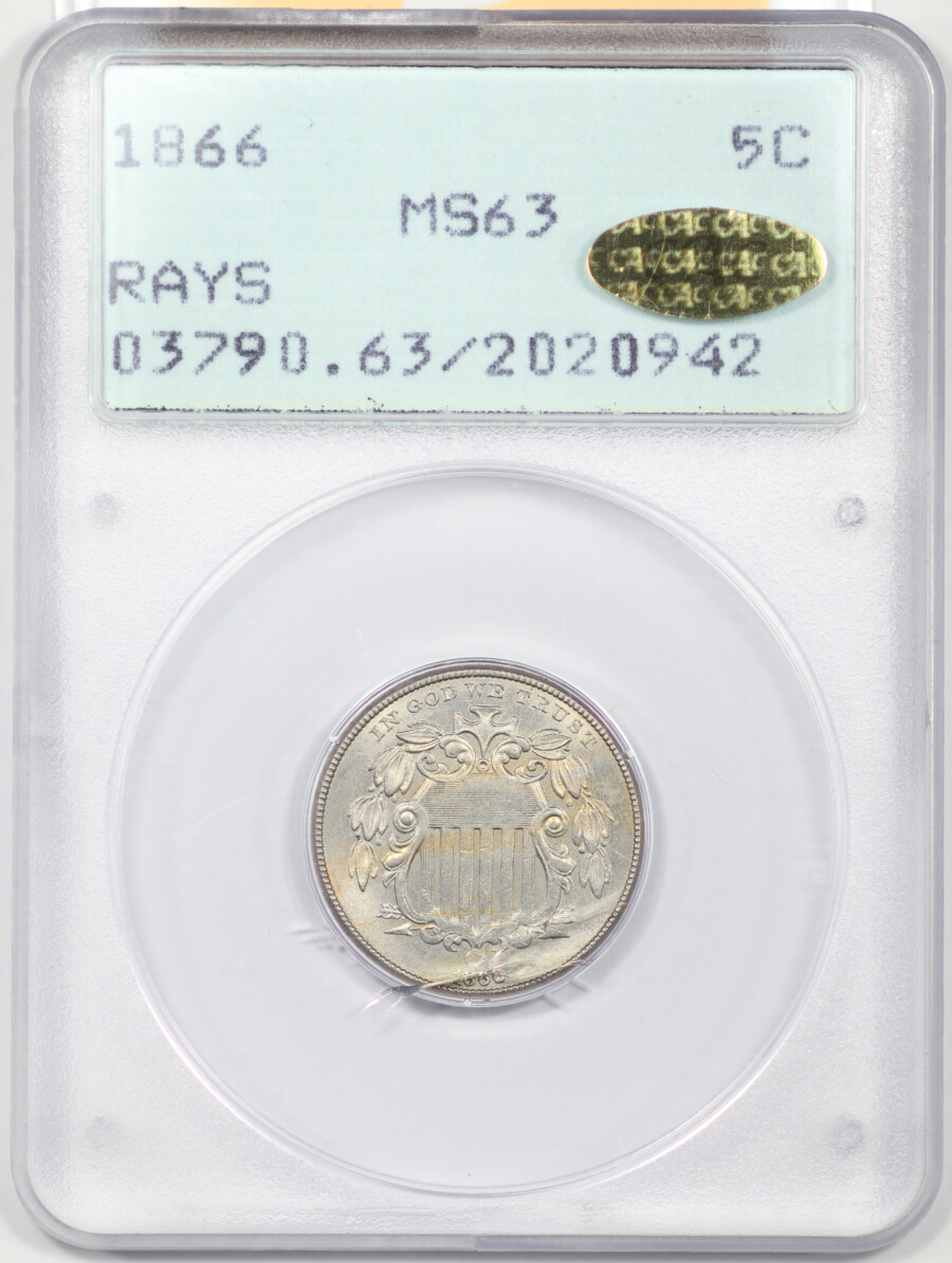 1866 Ray Shield Nickel, PCGS MS63, Gold CAC - Obverse Slab (cracked)