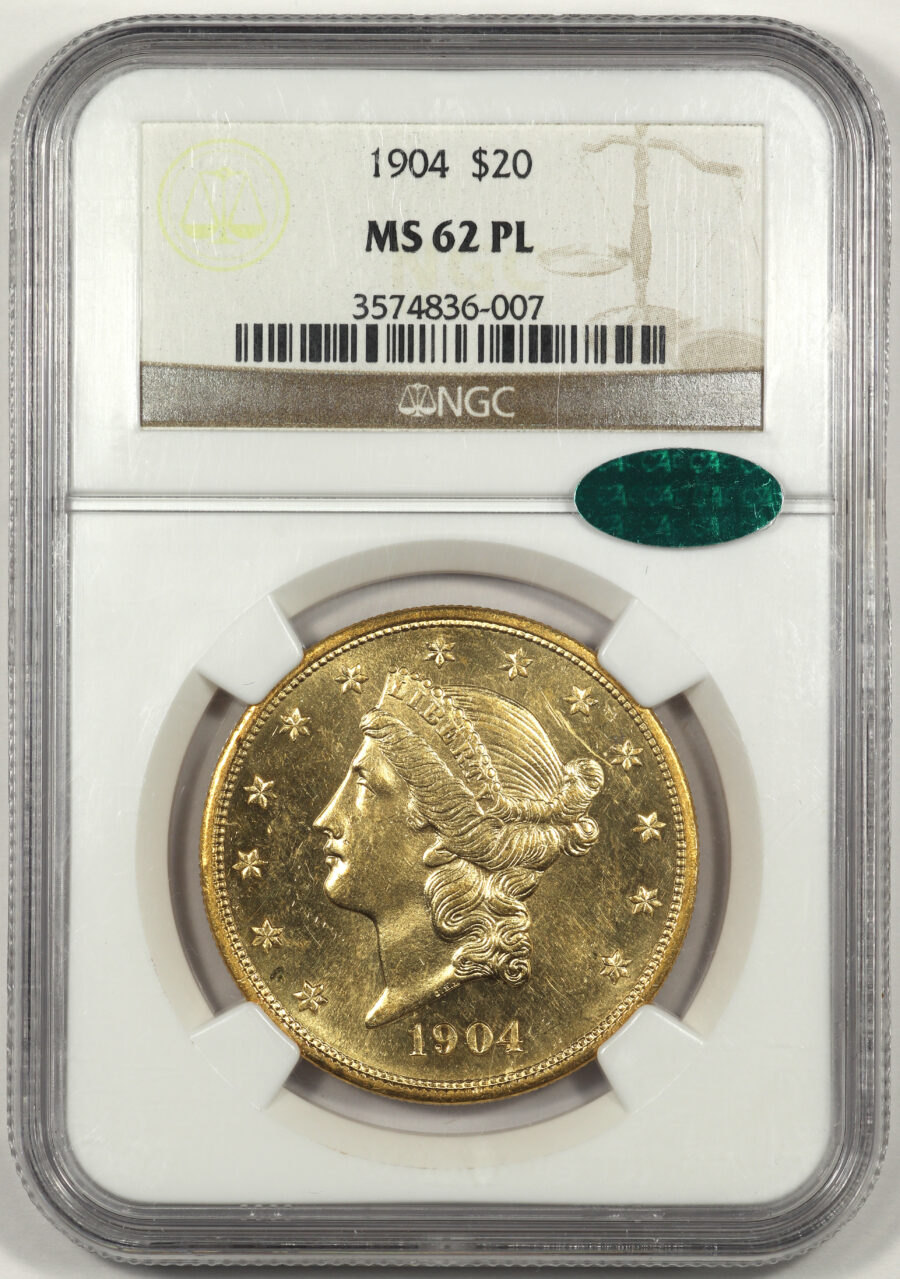 1904 $20 Liberty Gold Double Eagle Gold NGC MS 62 PL Prooflike CAC- Obverse Slab