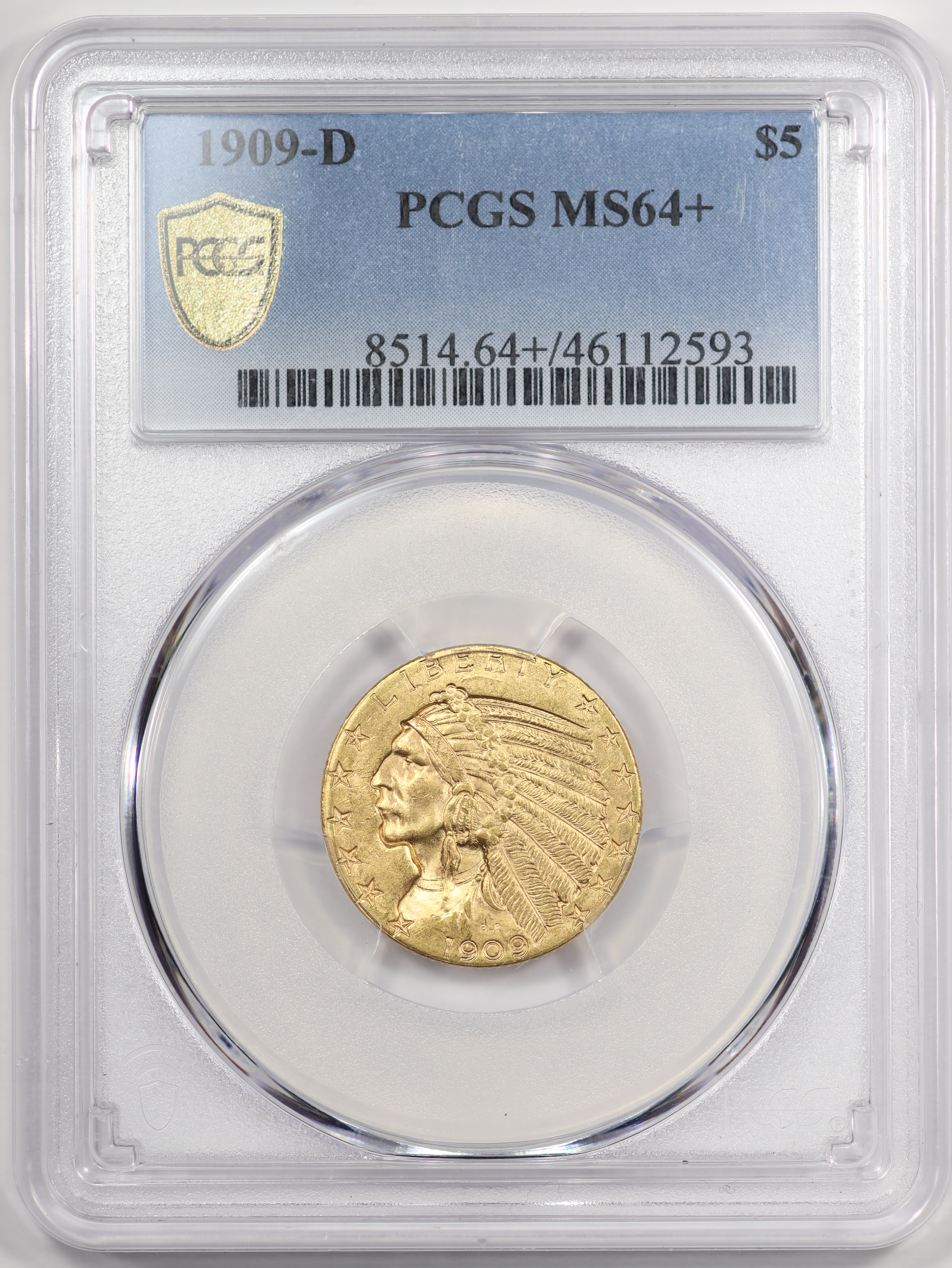 1909-D $5 Indian Gold Half Eagle, PCGS MS64+ - Obverse Slab