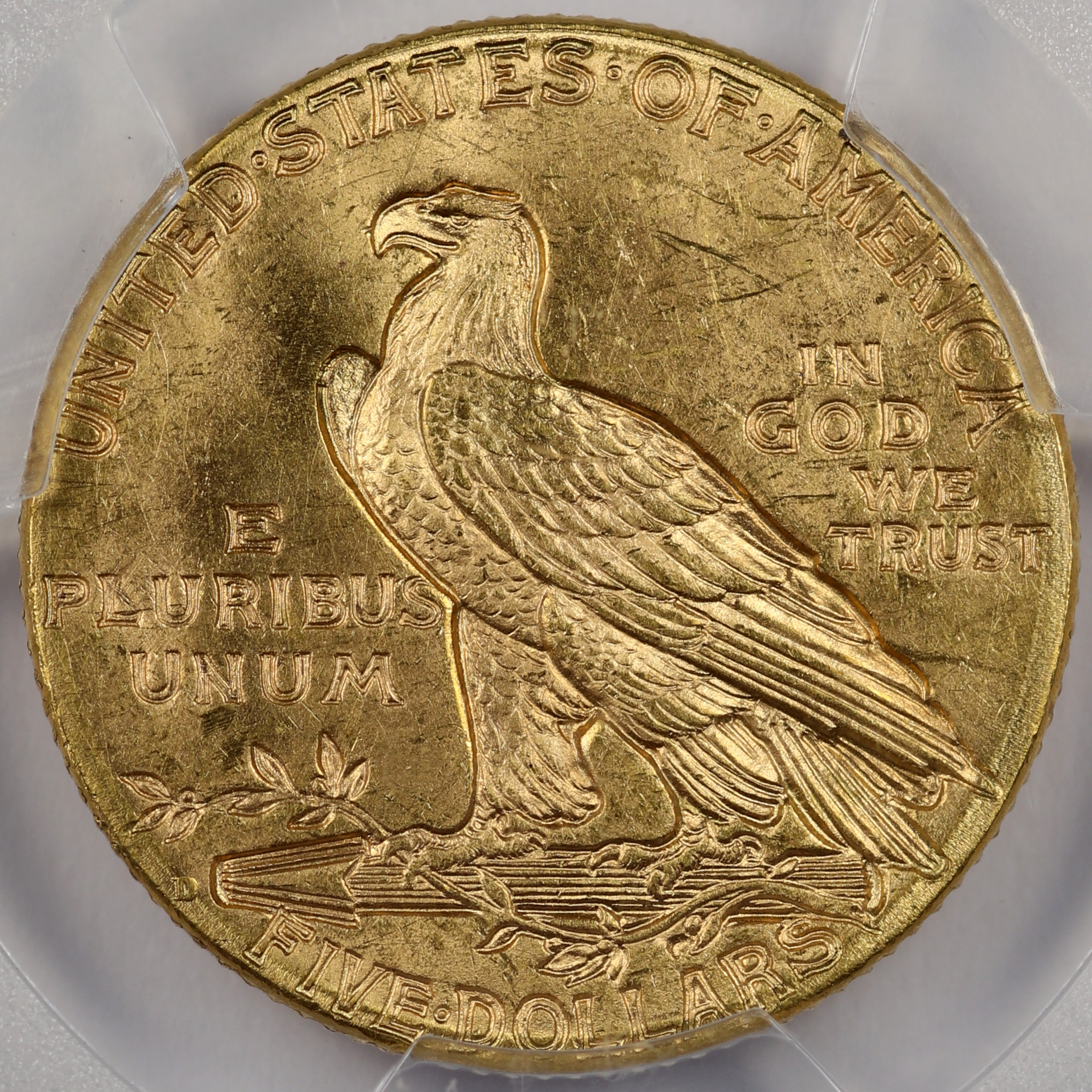 1909-D $5 Indian Gold Half Eagle, PCGS MS64+ - Reverse Close Up
