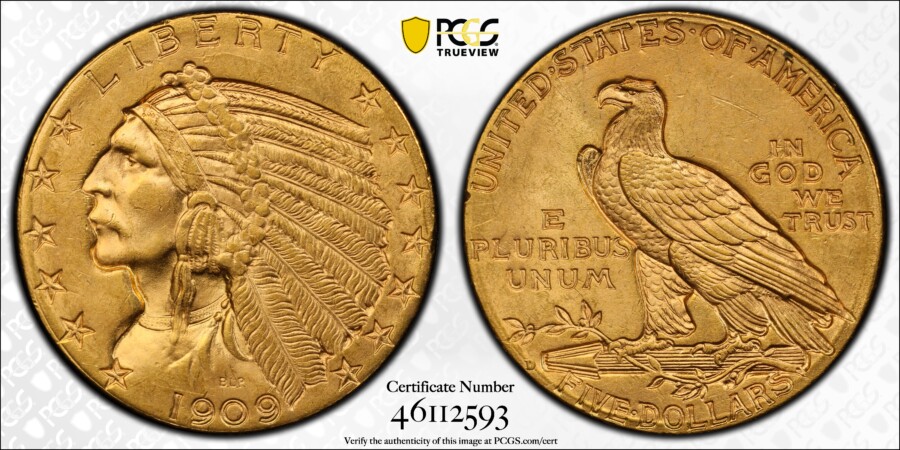 1909-D $5 Indian Gold Half Eagle, PCGS MS64+ - PCGS TrueView
