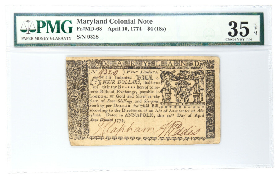 1774 Maryland Colonial Note $4, PMG Choice VF35 Exceptional Paper Quality, Obverse - offered by Palos Verdes Coin Exchange