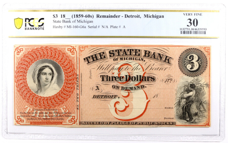 1859-1860s $3 Detroit Michigan Remainder Note, PCGS VF30, Obverse - offered by Palos Verdes Coin Exchange