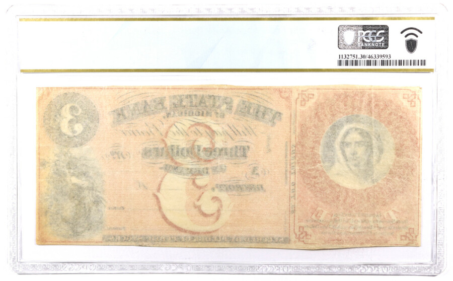 1859-1860s $3 Detroit Michigan Remainder Note, PCGS VF30, Reverse - offered by Palos Verdes Coin Exchange
