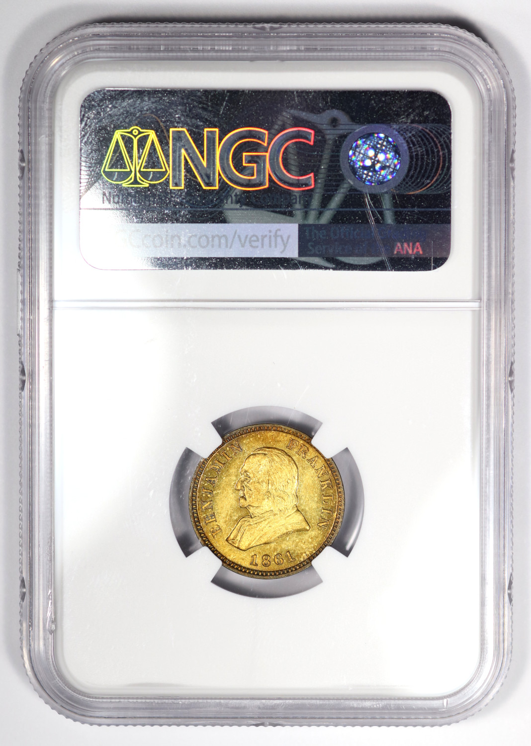 1861 S.H. Zahm Coin Dealer, Lancaster PA / Benjamin Franklin Coin Dealer Token, NGC MS 64, Reverse Slab - offered by Palos Verdes Coin Exchange