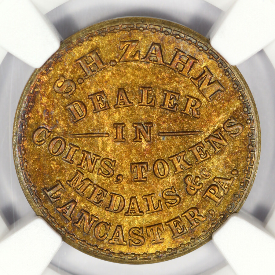1861 S.H. Zahm Coin Dealer, Lancaster PA / Benjamin Franklin Coin Dealer Token, NGC MS 64, Obverse - offered by Palos Verdes Coin Exchange