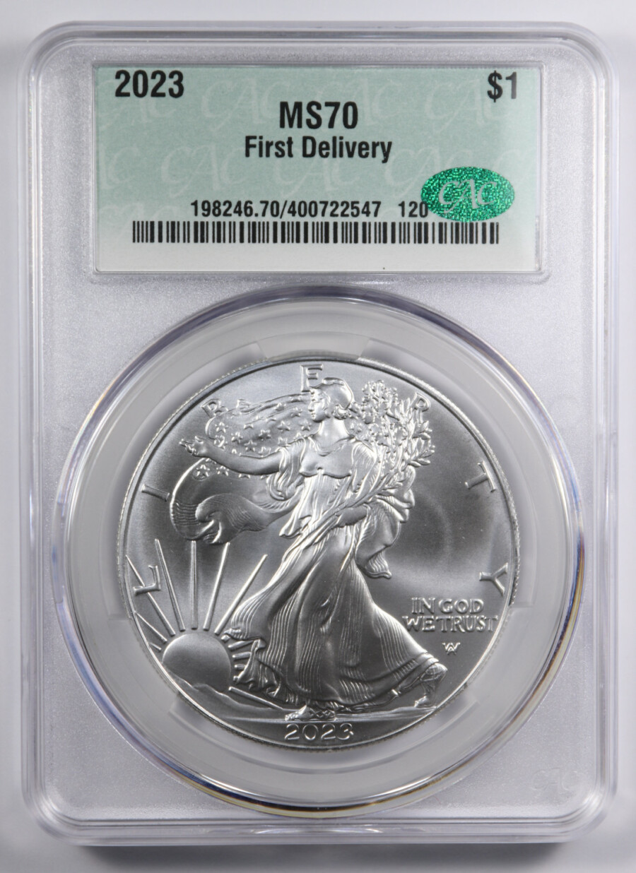 2023 American Silver Eagle, CACG MS70 First Delivery, Obverse - offered by Palos Verdes Coin Exchange