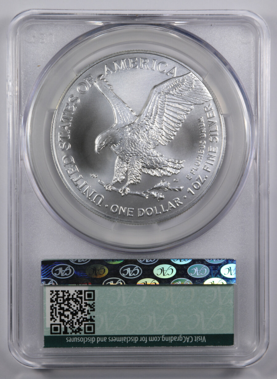 2023 American Silver Eagle, CACG MS70 First Delivery, Reverse - offered by Palos Verdes Coin Exchange