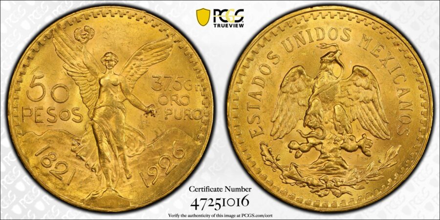 1926 Mexico Gold 50 Pesos, Semi-Key, PCGS MS63, TrueView