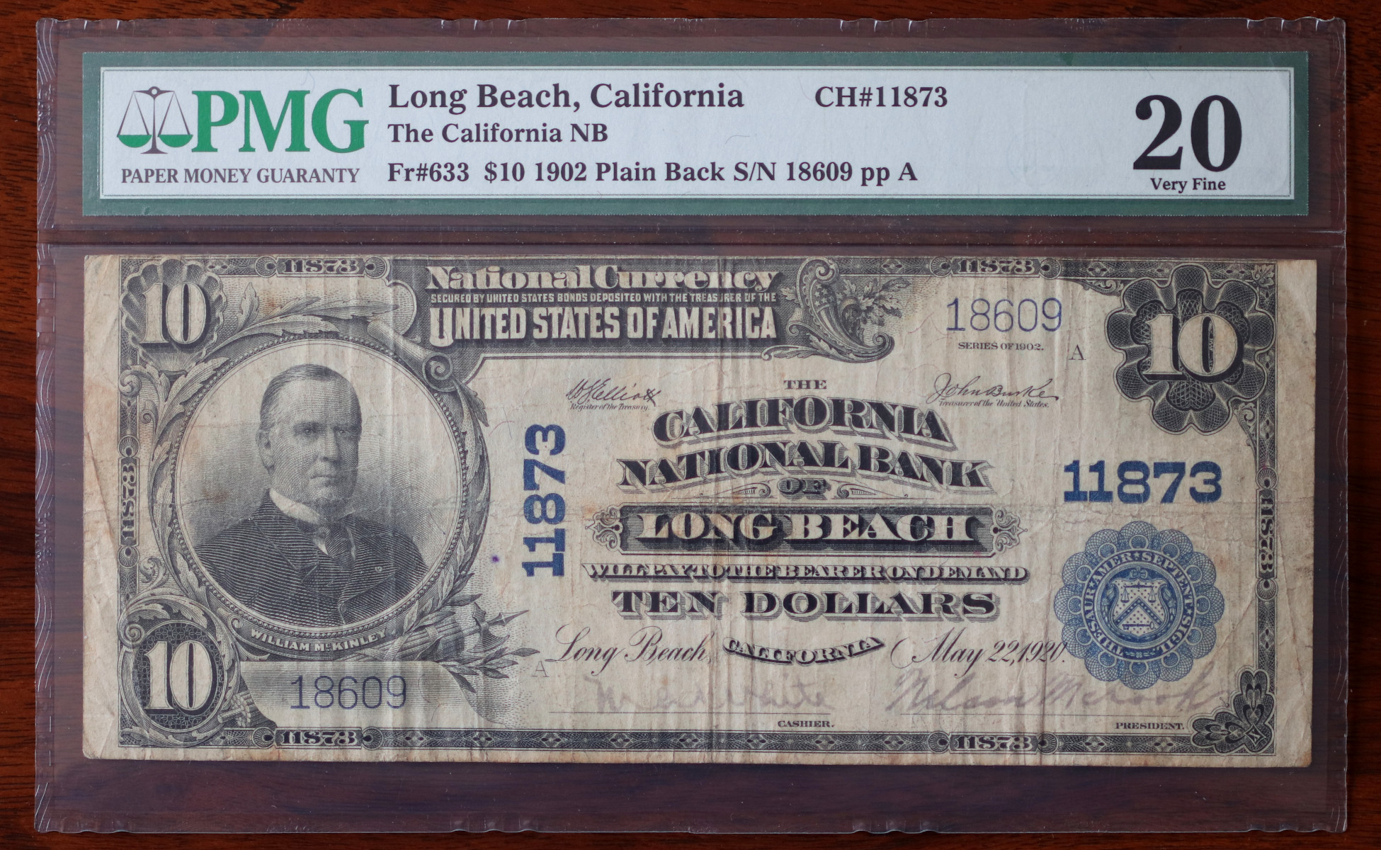 A $10 National Bank Note, Long Beach, certified PMG Very Fine 20, from The South Bay Collection of Rare National Bank Notes, offered by Palos Verdes Coin Exchange