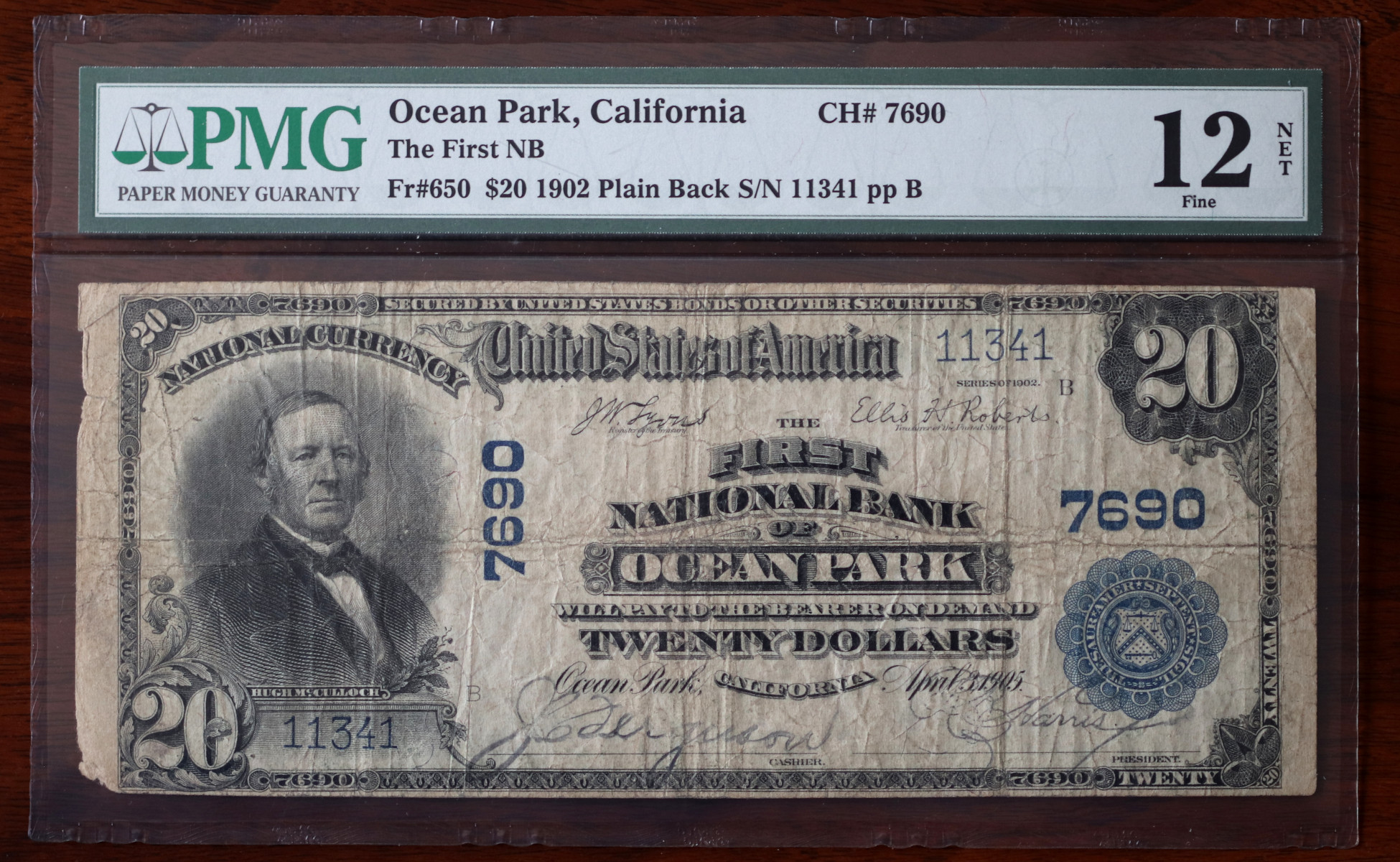 A $20 National Bank Note, Ocean Park, certified PMG Net Fine 12, from The South Bay Collection of Rare National Bank Notes, offered by Palos Verdes Coin Exchange