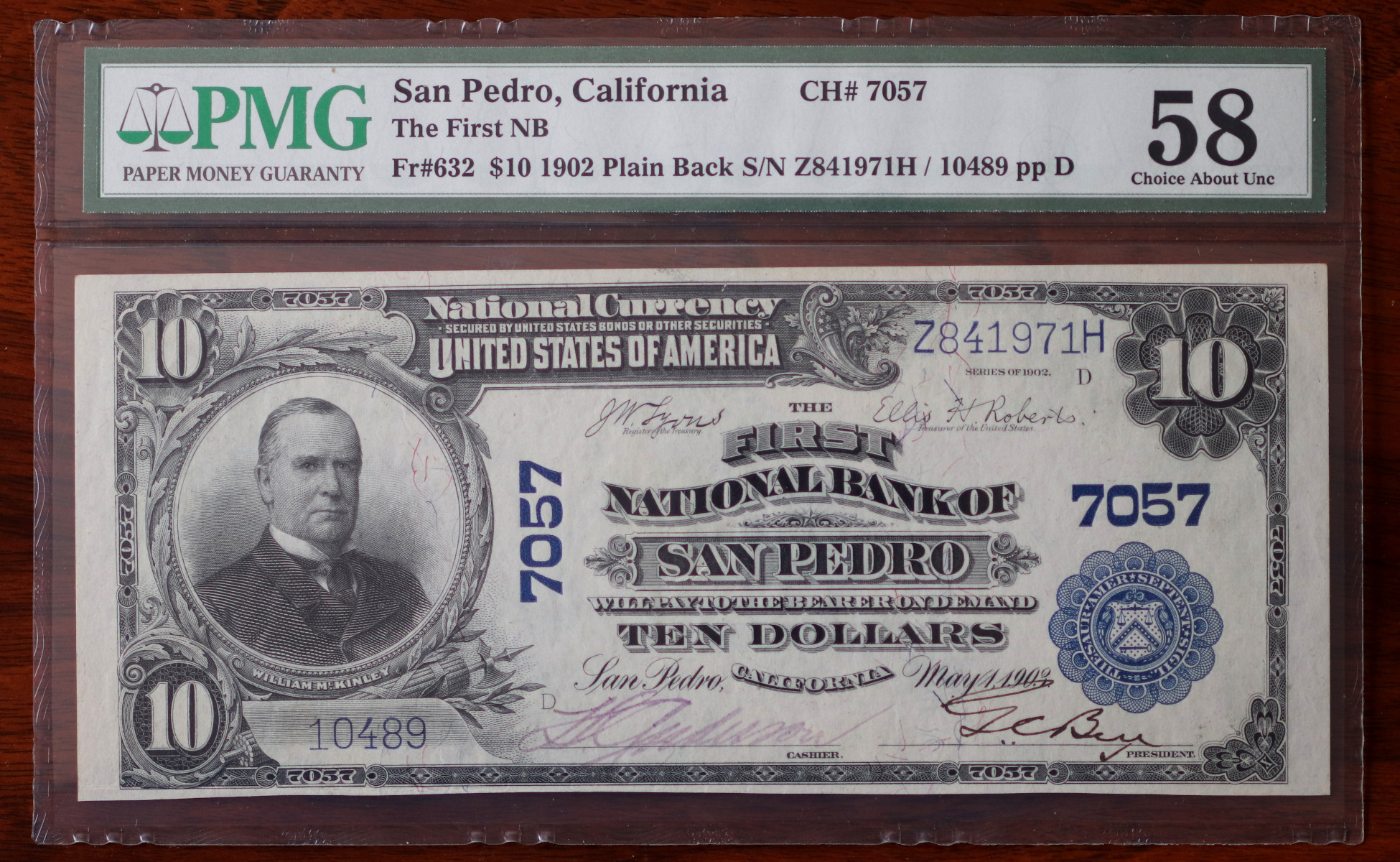 A $10 National Bank Note, San Pedro, certified PMG Choice About Uncirculated 58, from The South Bay Collection of Rare National Bank Notes, offered by Palos Verdes Coin Exchange