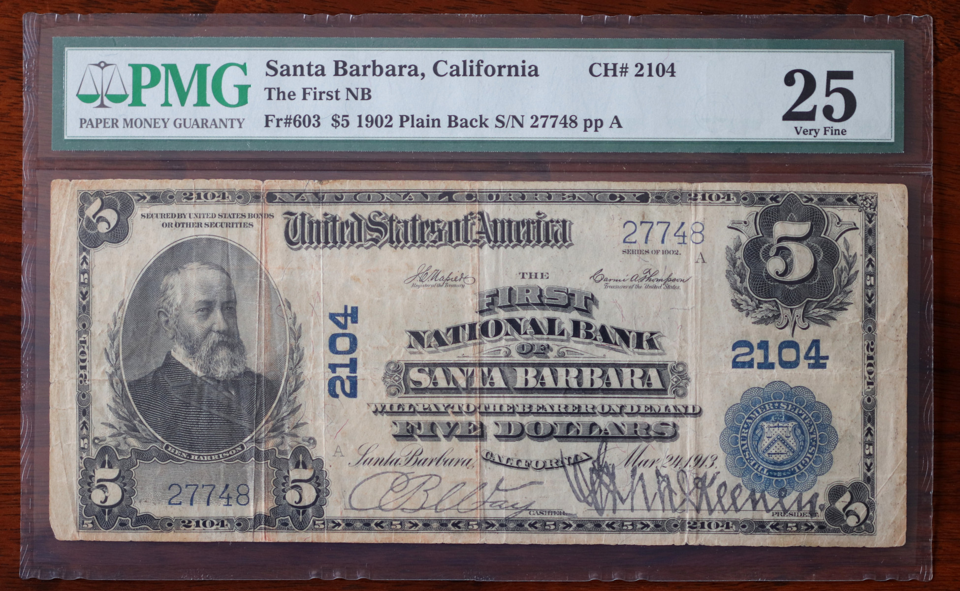 A $5 National Bank Note, Santa Barbara, certified PMG Very Fine 25, from The South Bay Collection of Rare National Bank Notes, offered by Palos Verdes Coin Exchange