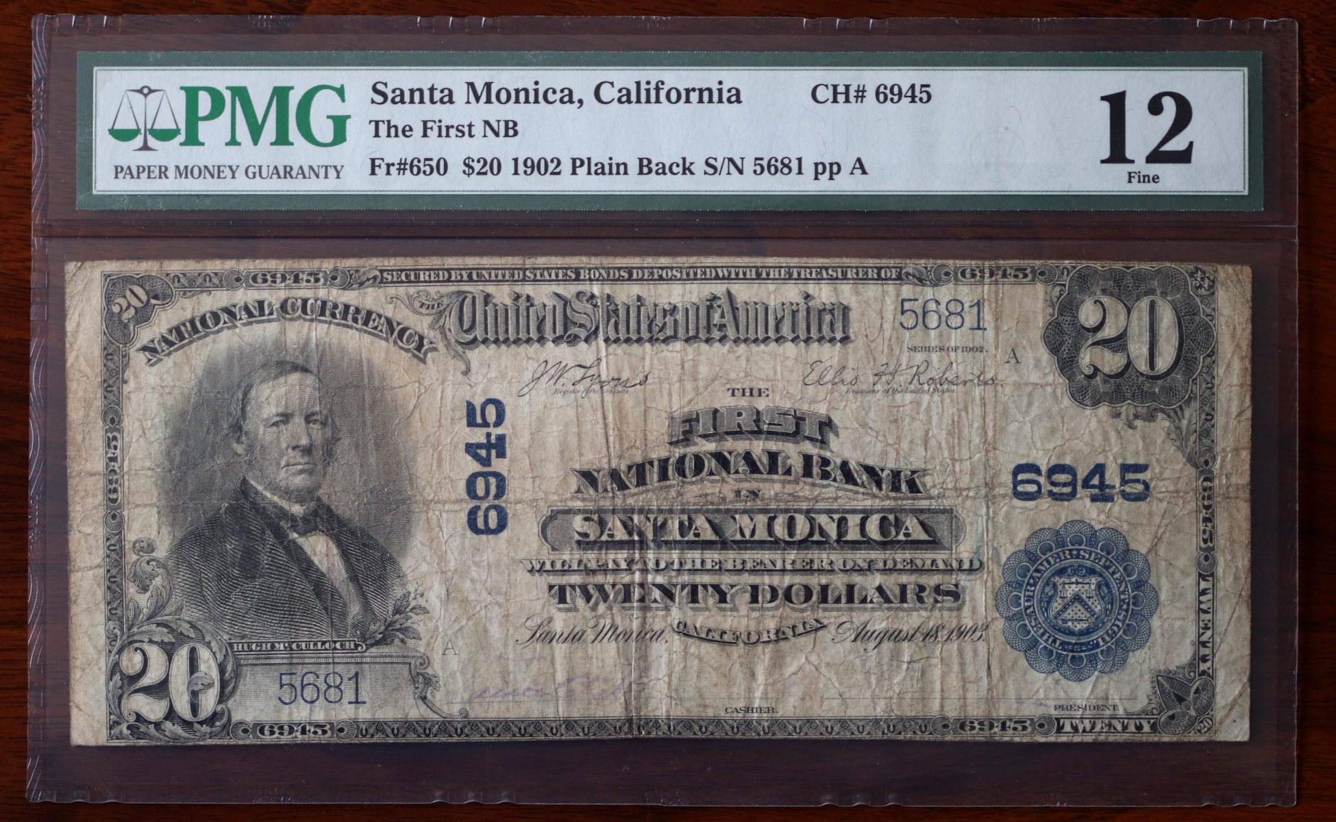 A $20 National Bank Note, Santa Monica, certified PMG Fine 12, from The South Bay Collection of Rare National Bank Notes, offered by Palos Verdes Coin Exchange