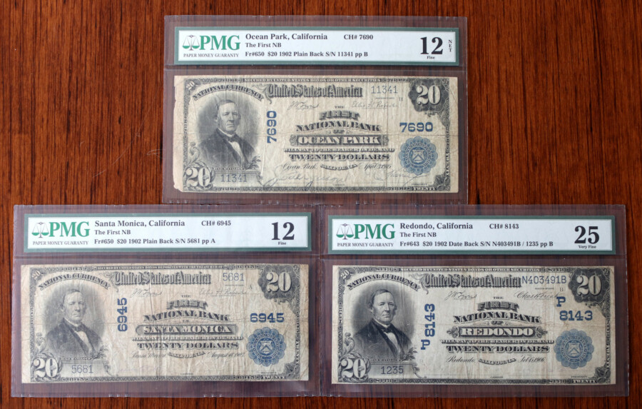 3 Twenty Dollar Notes from the South Bay Collection offered by Palos Verdes Coin Exchange, including Ocean Park, Santa Monica, and Redondo Beach