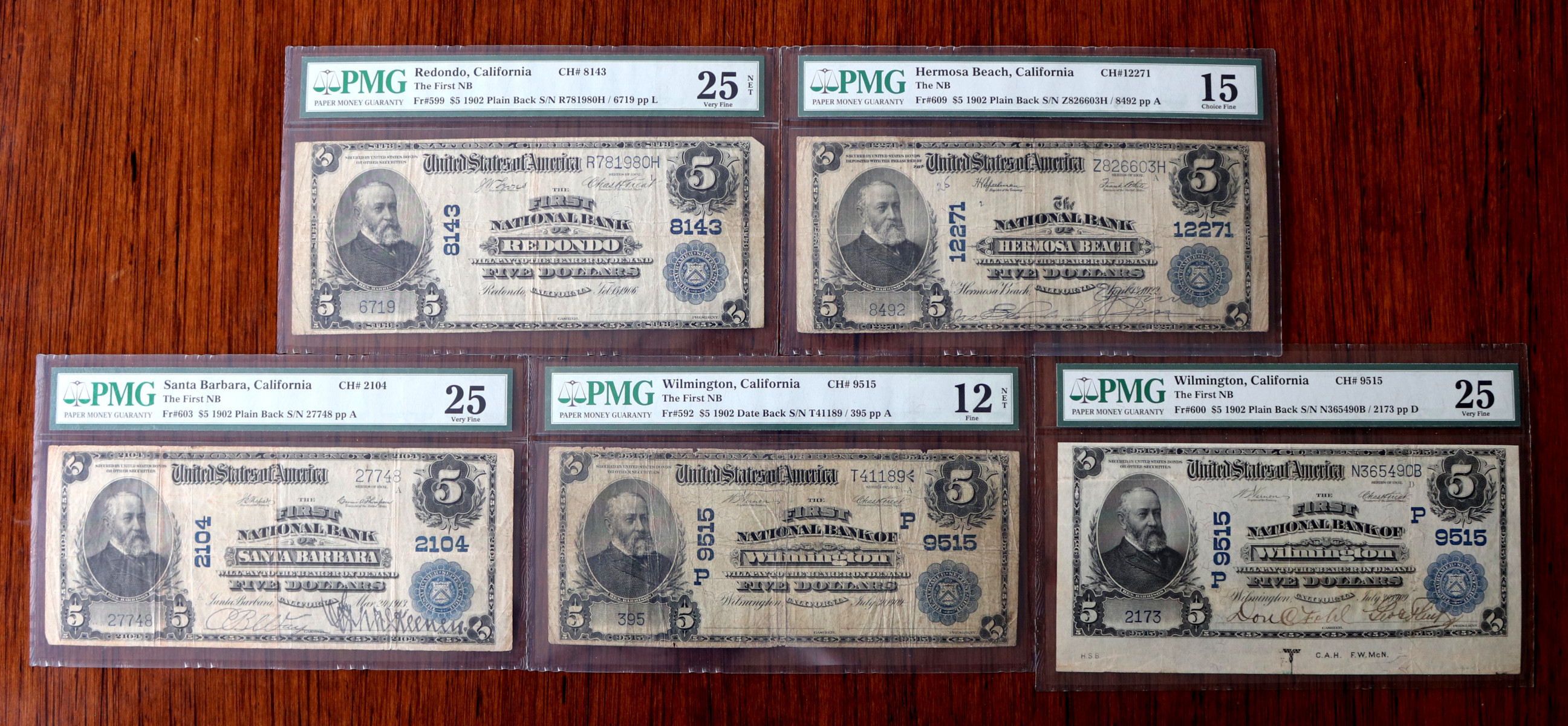 5 Five Dollar Notes from the South Bay Collection offered by Palos Verdes Coin Exchange, including Redondo Beach, Hermosa Beach, Santa Barbara, and two from Wilmington