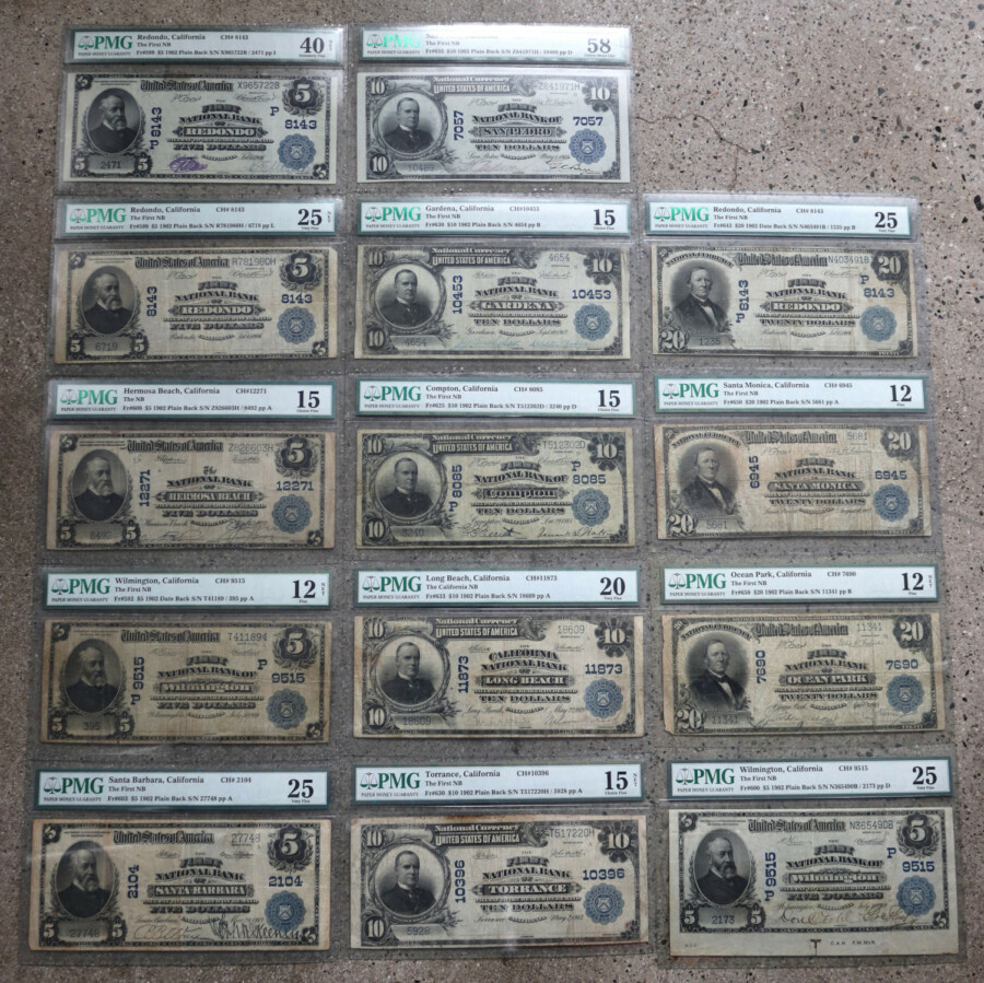 The South Bay Collection of Rare National Bank Notes from cities all over Los Angeles' South Bay, offered by Palos Verdes Coin Exchange