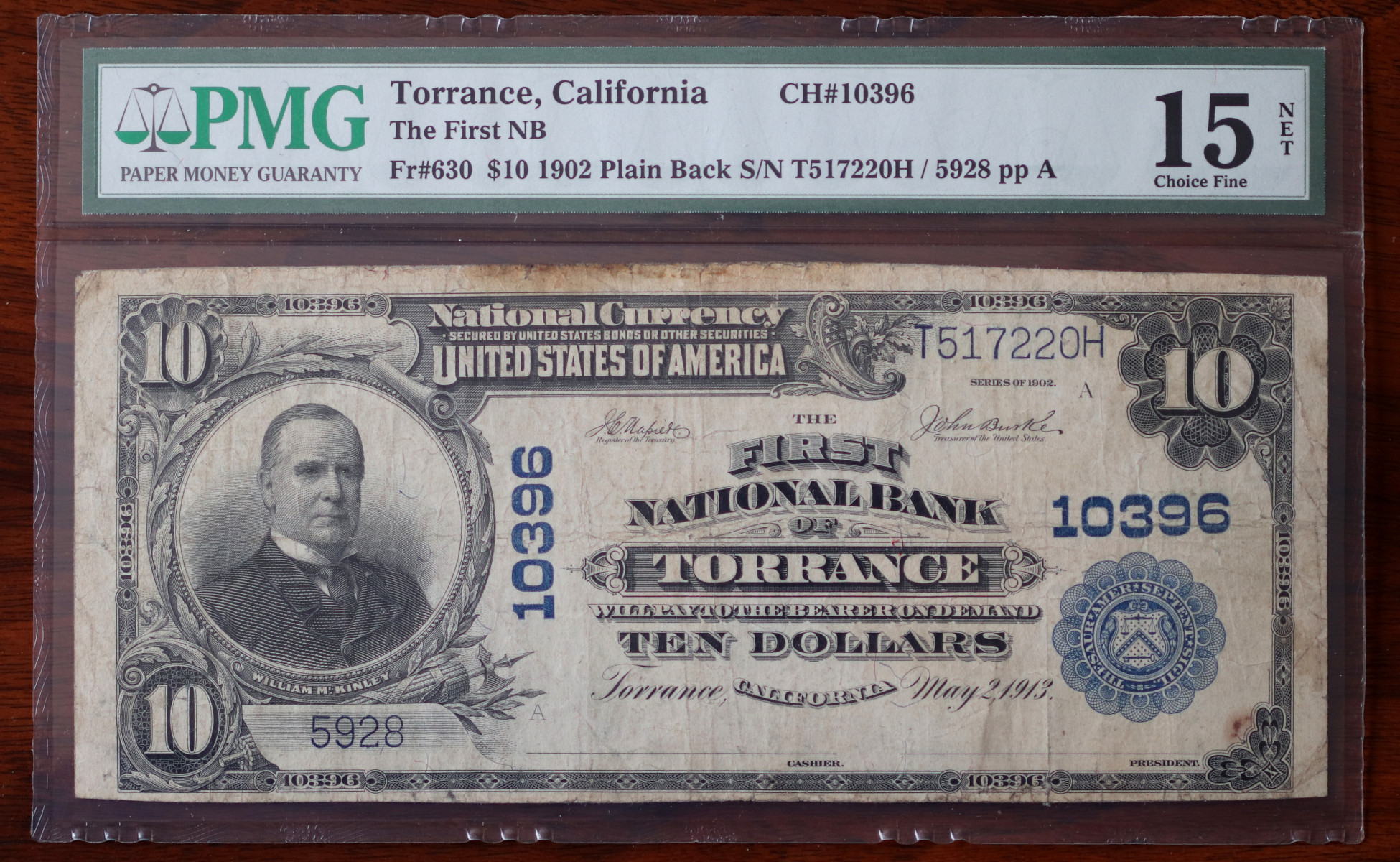 A $10 National Bank Note, Torrance, certified PMG Net Choice Fine 15, from The South Bay Collection of Rare National Bank Notes, offered by Palos Verdes Coin Exchange
