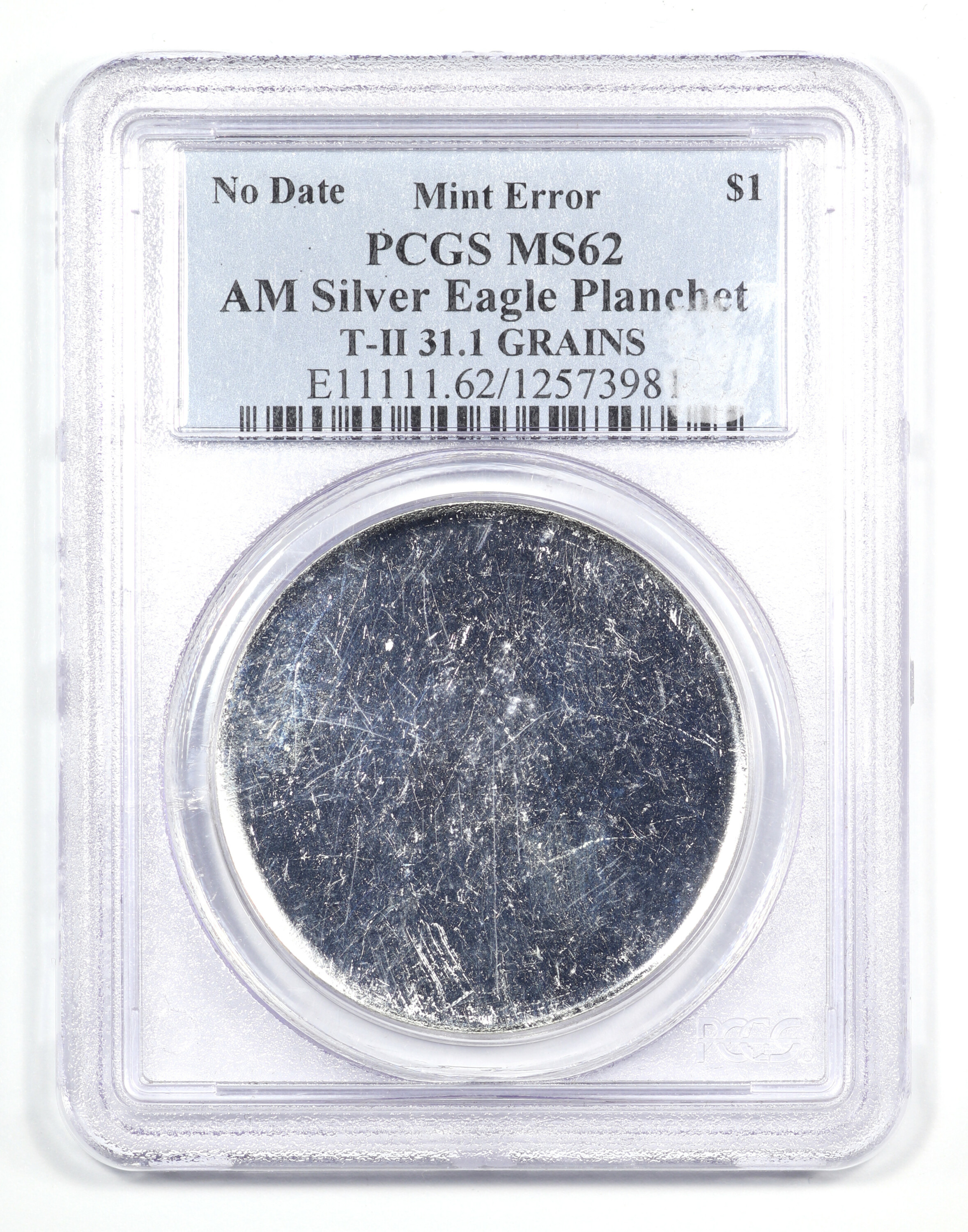 No Date Mint Error Blank Planchet American Silver Eagle ASE PCGS MS62, Obverse Slab