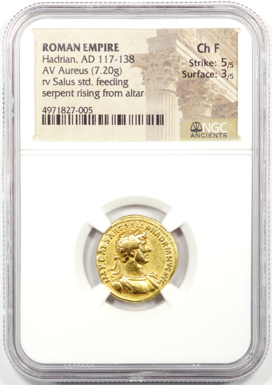 Roman Empire, Hadrian, AD 117-138 AV Gold Aureus, NGC Choice Fine - obverse slab - a collectible roman gold coin offered by Palos Verdes Coin Exchange